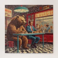 Funny Man and Bear at Retro Diner Jigsaw Puzzle