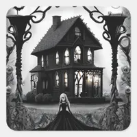 Haunted House with Creepy Ghost Lady Square Sticker