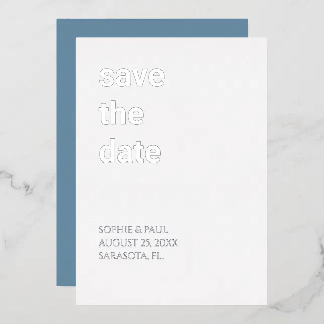 White Dusty Blue Save the Date Silver Foil Invitation