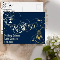 Blue and Gold Swirly Calligraphy Boho Wedding RSVP Foil Invitation Postcard