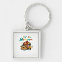 Tis The Season Turkey Coffee Retro Thanksgiving Fa Keychain