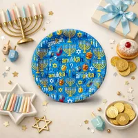 Vibrant Blue Hanukkah Menorah Pattern Paper Plates