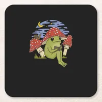 Book Fan Frog With Mushroom Hat Cottagecore Goblin Square Paper Coaster