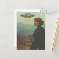 Woman in black dress and a UFO Postcard