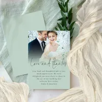 Elegant Script Love Thanks Photo Sage Wedding Card