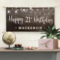 Rustic String Lights on Wood 21st Birthday Banner