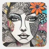 Abstract Mixed Media Womans Face Square Sticker