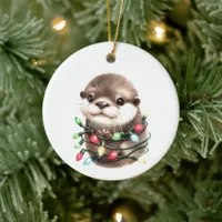 Adorable Christmas Otter  Ceramic Ornament