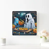 Ghosts carving pumpkins on Halloween Square Wall Clock