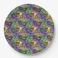 Mardi Gras Masks and Beads Purple Green Yellow Paper Plates