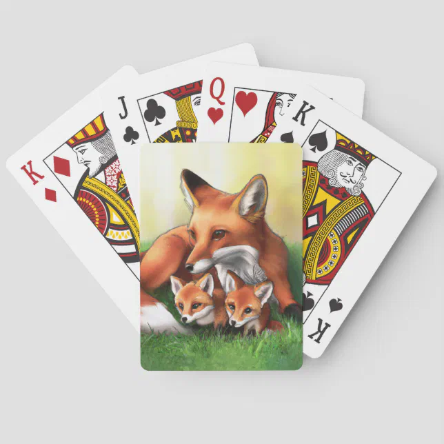 Red Fox Mother and Kits in the Grass Poker Cards