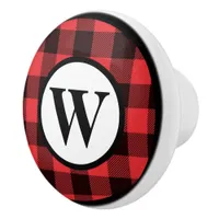 Monogram Red and Black Buffalo Plaid  Ceramic Knob