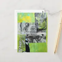 Collage of Random Vintage Faces on Green Postcard