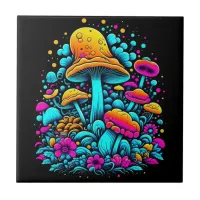 Retro Neon Mushrooms and Flowers Ai Art Ceramic Tile