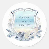 Elegant Beach Wedding Crest Coastal Chic Classic Round Sticker
