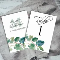 Eucalyptus Watercolor Script Wedding Monogram Table Number