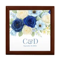 Navy Royal Bue Wedding Watercolor Ivory Flowers Gift Box