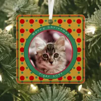 Cute Cat Green Red Gold Christmas Metal Ornament