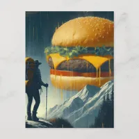 Surreal Hiker Giant Cheeseburger over Mountains Postcard