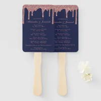 Chic Navy Blue Rose Gold Wedding Program Hand Fan