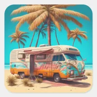 Retro RV and Palm Trees Square Sticker