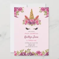 Cute Watercolor Floral Unicorn Pink Invitation