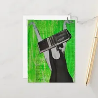 Surreal Retro Radio Alarm Clock Woman Collage Postcard