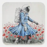  an astronaut in a blue dress walking in poppies square sticker