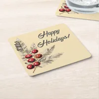 Retro Holly Berries and Evergreen Square Paper Coaster