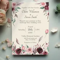 Classy Cream and Burgundy Flowers Rustic Wedding Invitation