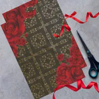 Elegant Red Roses On Black And Gold Damask Pattern Tissue Paper