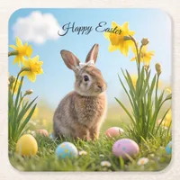 Cute Easter Bunny and Daffodil  Square Paper Coaster