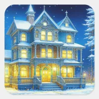 Christmas House on a Snowy Night Holiday Square Sticker