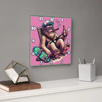 Relaxed creature enjoying a party on a skateboard square wall clock