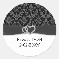 diamante damask charcoal wedding classic round sticker