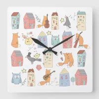 Cute foxes/owls/houses/kids/nursery white square wall clock