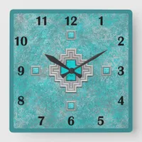 Southwest Turquoise Stone Geometric Basic Numbers Square Wall Clock