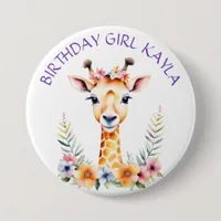 Baby Giraffe in Flowers Girl's Birthday Party Button