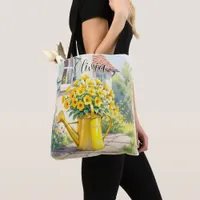 Pretty Yellow Flowers in Watering Can Personalized Tote Bag