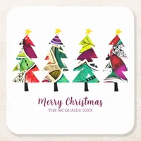  Watercolor Christmas Trees Merry Christmas  Square Paper Coaster