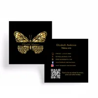 Butterfly black gold QR code elegant script Square Business Card