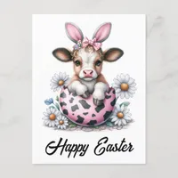 Adorable Watercolor Easter Cow Pink Egg Bunny Ears Postcard