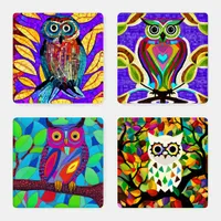 Colorful Whimsical Folk Art Owls Ai Art Coaster Set