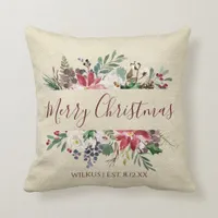 Rustic Country Christmas Winter Watercolor Burlap Throw Pillow