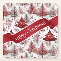 Red White Christmas Tree Pattern#4 ID1009 Square Paper Coaster