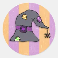 Spider hanging from Witch's Hat Halloween Classic Round Sticker