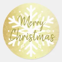 Gold and White Snowflakes Merry Christmas Classic Round Sticker