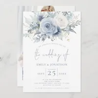 Modern Florals Photo Overlay Blue Text QR  Wedding Invitation