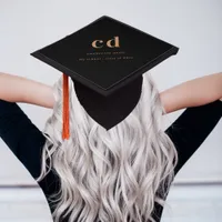 Black gold monogram name modern minimalist graduation cap topper