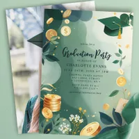 Green Gold Coins Finance Graduation Party Photo Invitation